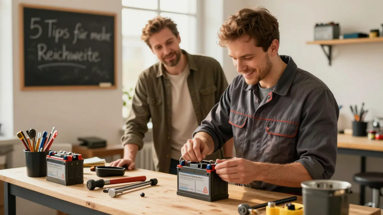 Techniker wechselt in einer Werkstatt einen E-Scooter-Akku, Kunde beobachtet, professionelle Umgebung.