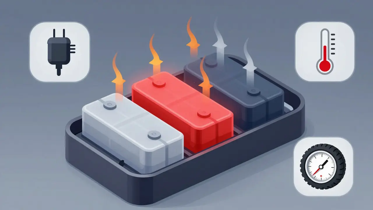 Technische Darstellung eines E-Scooter-Akkus mit Wärme- und Kälteeinflüssen, Lade- und Reifendruck-Icons.