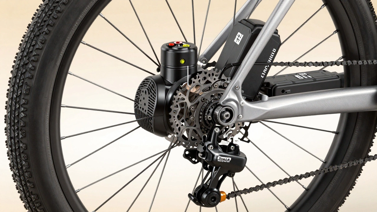 Technische Schnittansicht eines E-Bike-Motors, Akkus und hydraulischer Bremsen ohne Text.