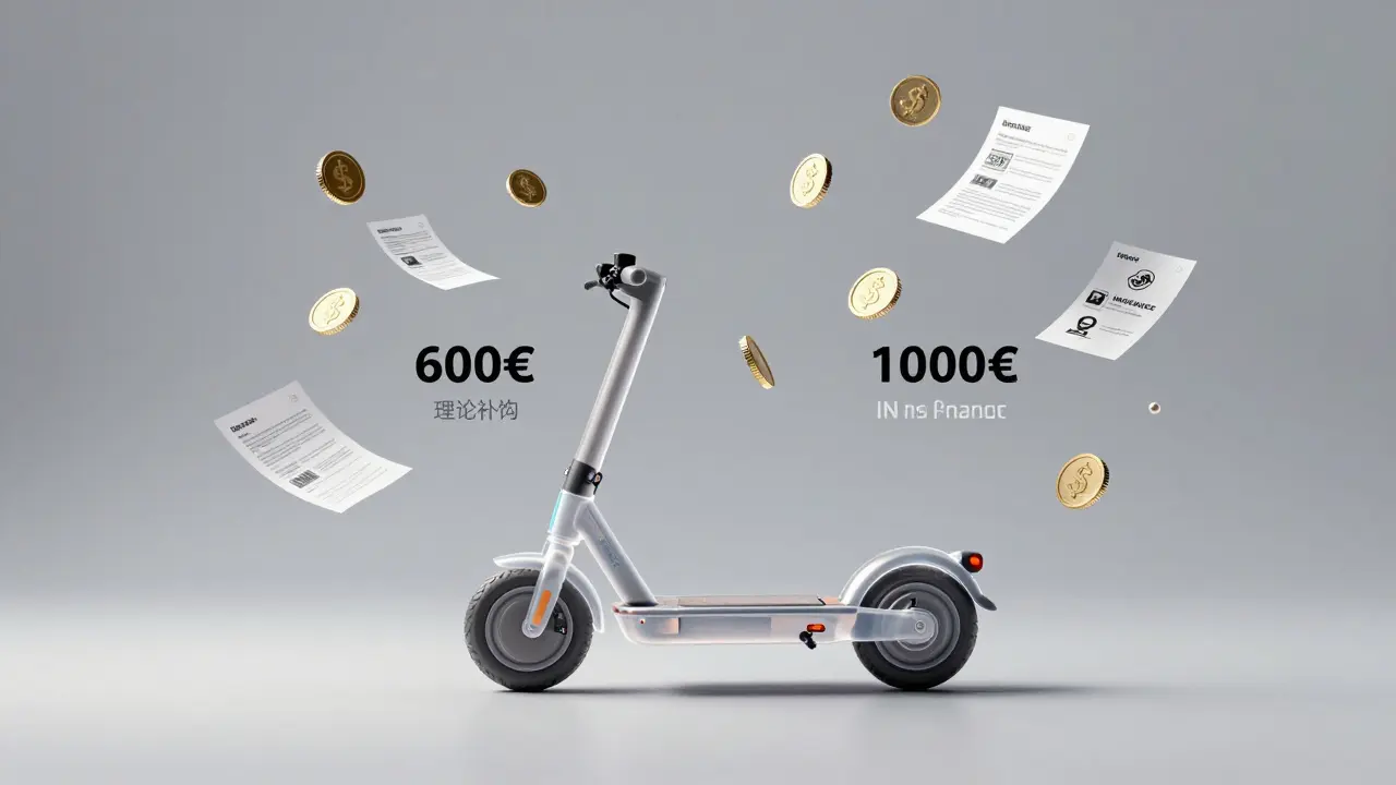 Transparenter Elektroroller über Kostenübersicht aus Münzen und Dokumenten.