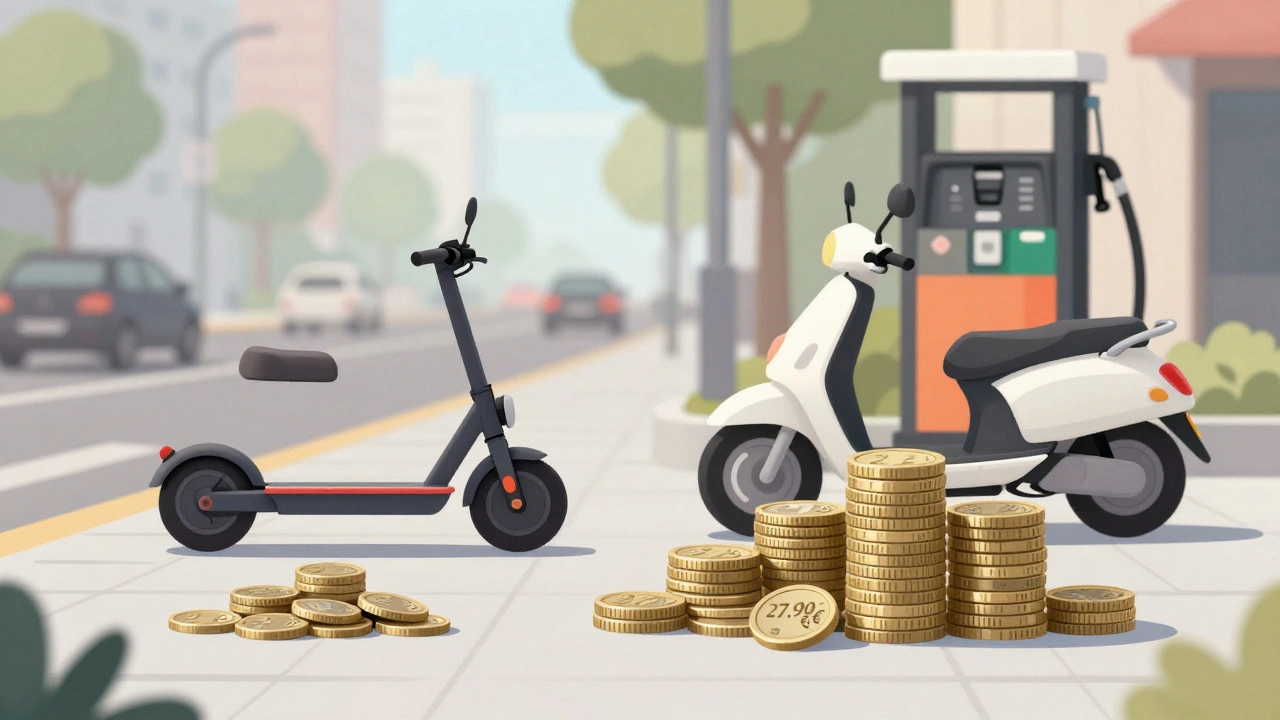 Vergleich der monatlichen Kosten: geringe Münzsumme für Elektroroller vs. große für Benziner.
