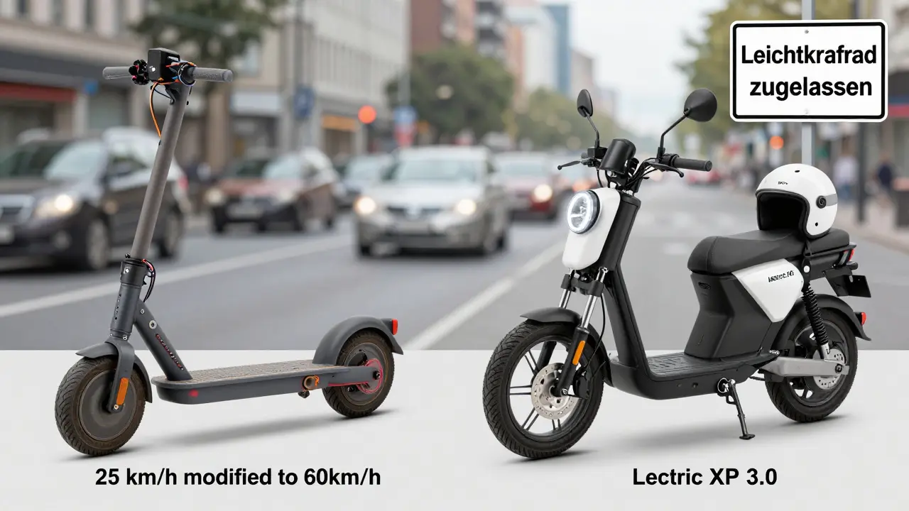 Vergleich: ein modifizierter Roller mit technischen Mängeln gegenüber einem zugelassenen Leichtkraftrad mit Sicherheitsausstattung.