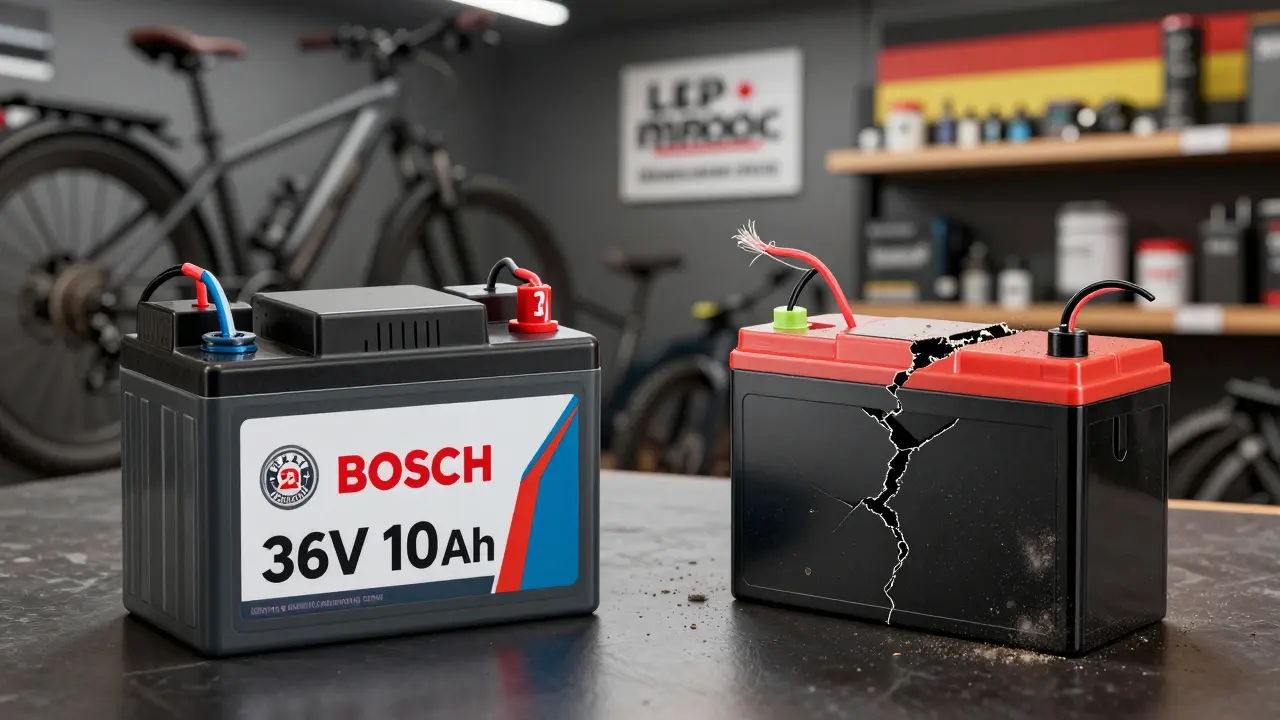 Vergleich einer hochwertigen Bosch-Batterie mit einer defekten Billigbatterie, dargestellt im Hintergrund eines Fahrradladens.
