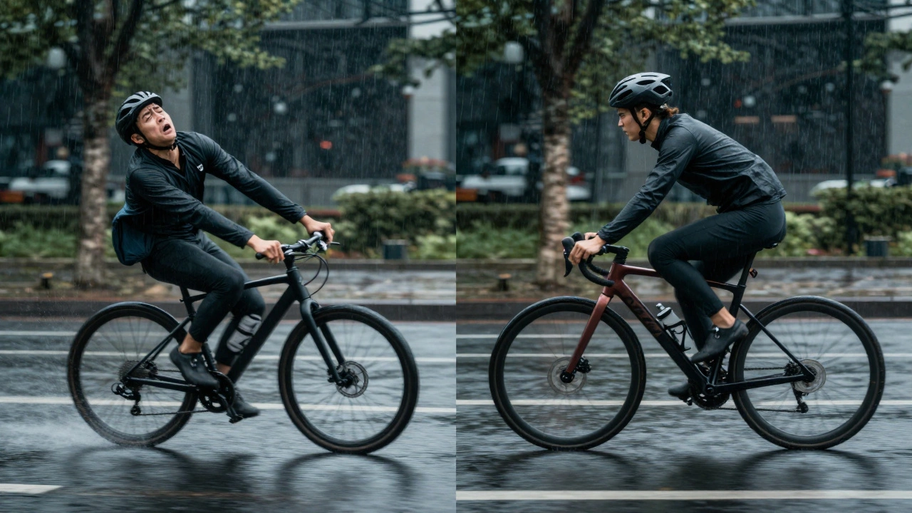 Vergleich: links Rutschgefahr durch nur hintere Bremse, rechts sicheres Bremsen mit vorderer Bremse dominierend.