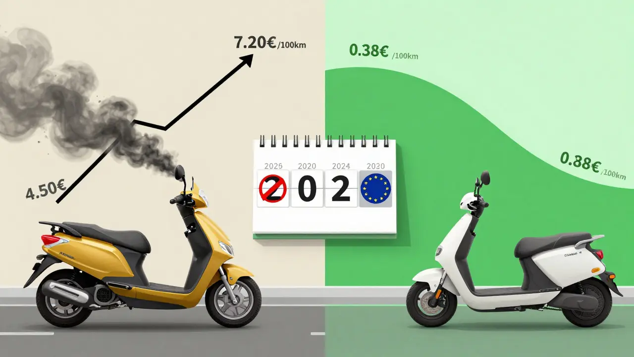 Vergleichende Darstellung: Benziner mit Abgasen und hohen Kosten vs. Elektroroller mit grüner Energie und niedrigen Kosten.