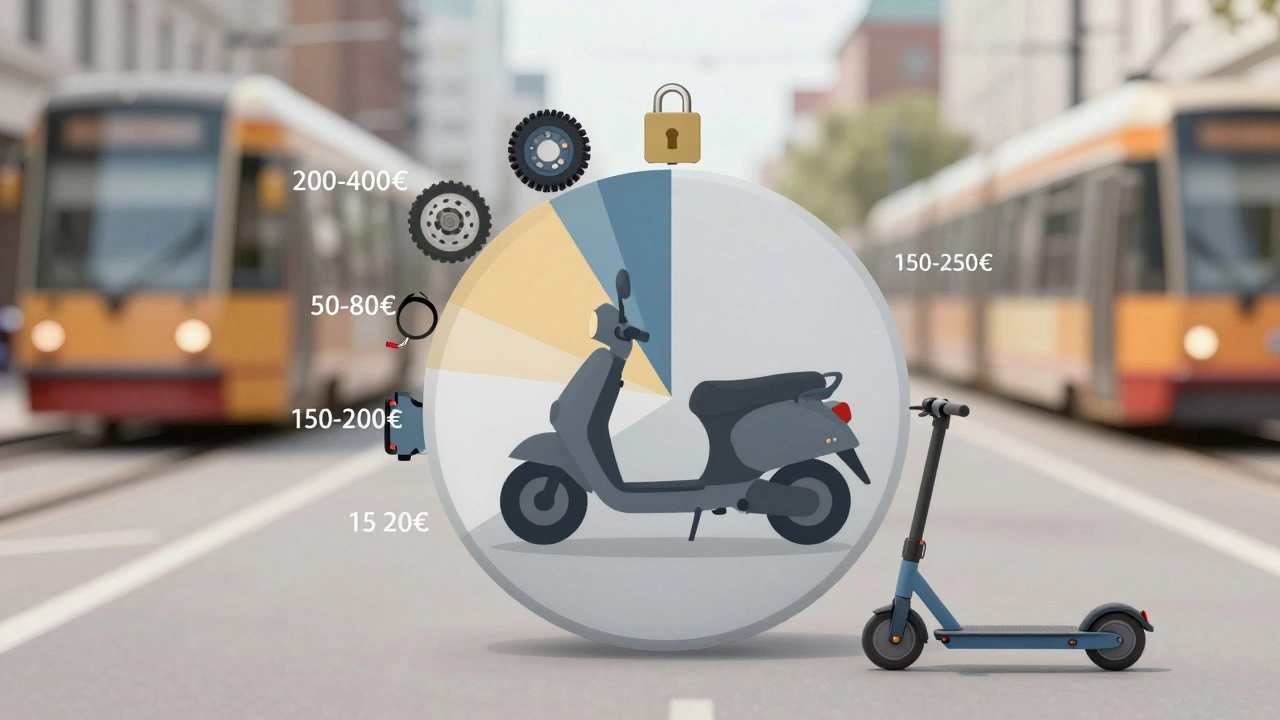 Visuelle Aufschlüsselung der jährlichen Kosten eines E-Scooters als Objekte: Batterie, Versicherung, Reifen, Helm und Stecker.