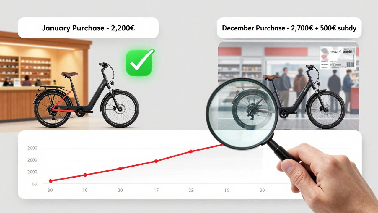 Waage mit zwei E-Bike-Kaufoptionen: günstiger Januar-Kauf vs. teurer Dezember-Kauf mit Förderung.