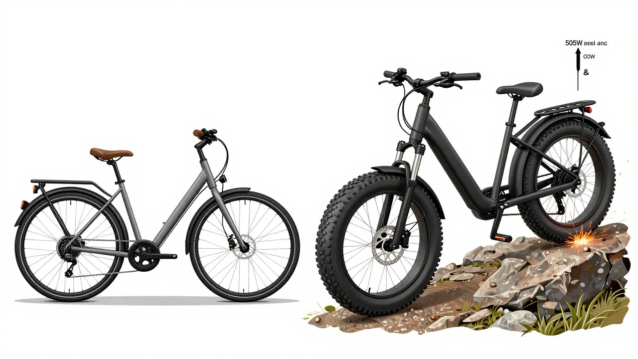 Zwei E-Bikes nebeneinander: links ein leichtes Stadt-E-Bike auf flacher Straße, rechts ein kräftiges Lasten-E-Bike mit breiten Reifen auf steinem Pfad.