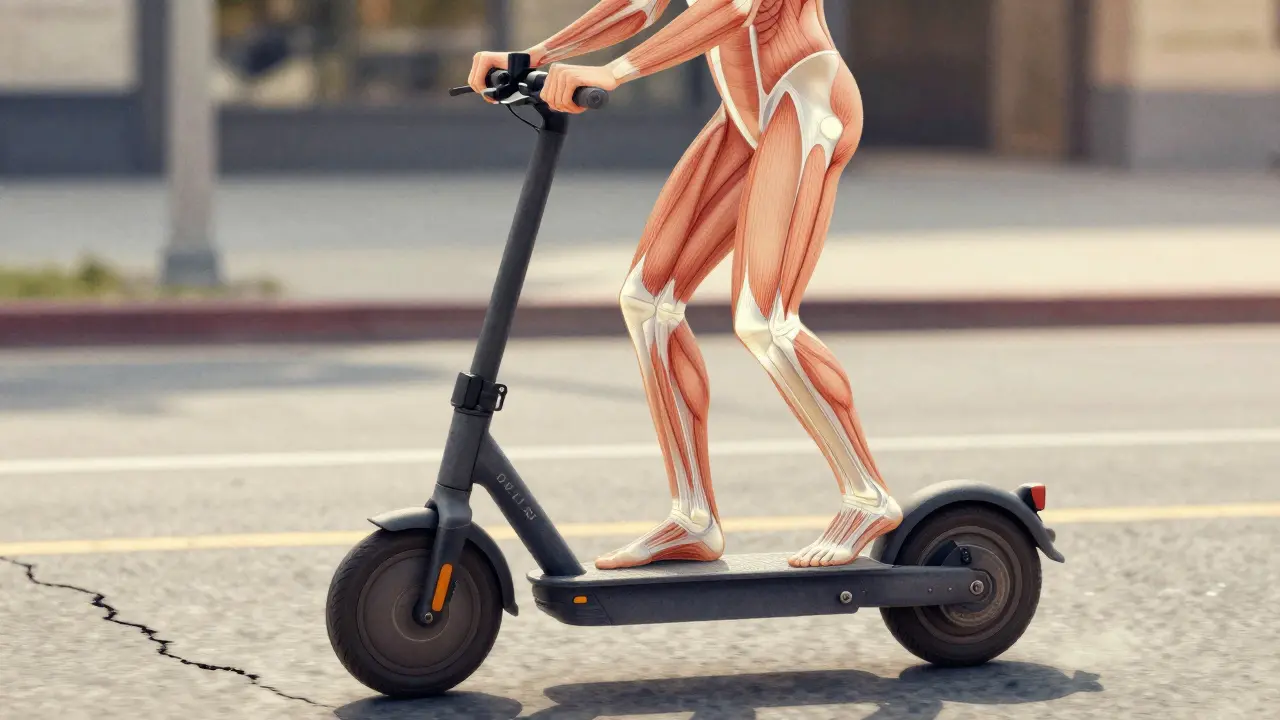 Anatomische Darstellung der aktiven Muskulatur beim Rollerfahren, mit sanft leuchtenden Linien für Rumpf- und Rückenmuskeln.