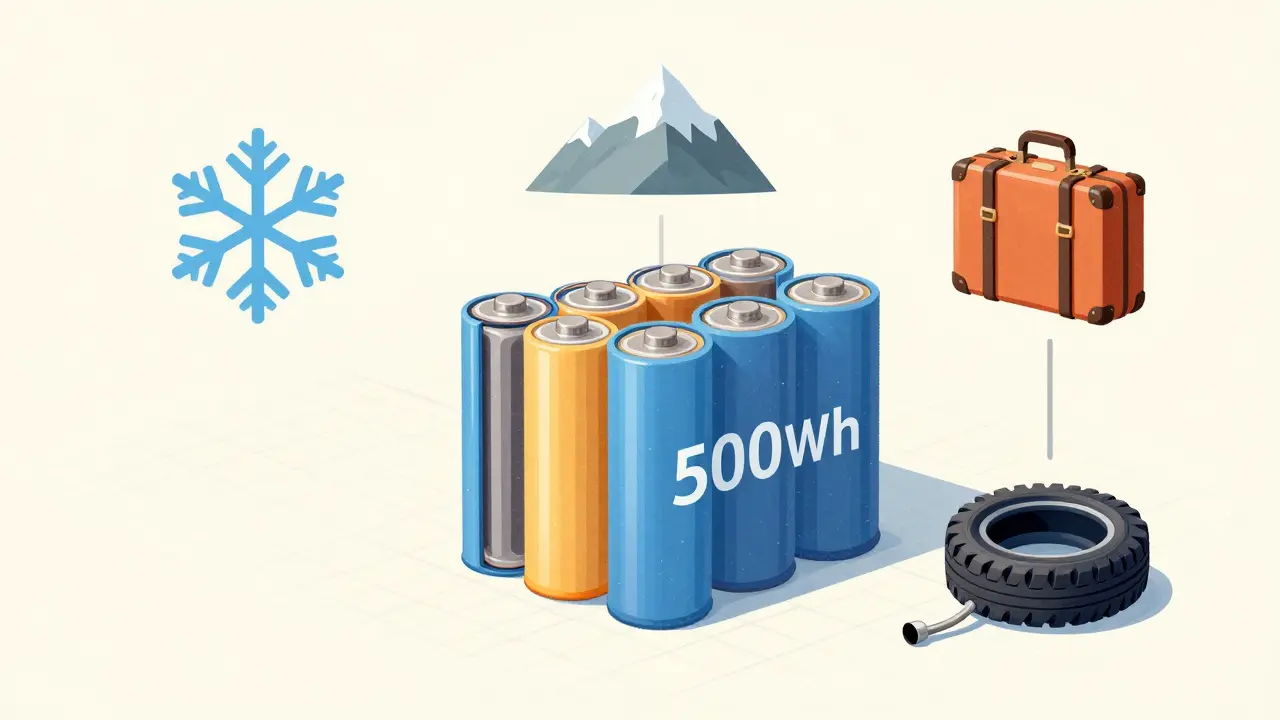 Aufgeschnittener 500-Wh-E-Bike-Akku mit visuellen Symbolen für Temperatur, Gelände, Gewicht und Reifendruck.