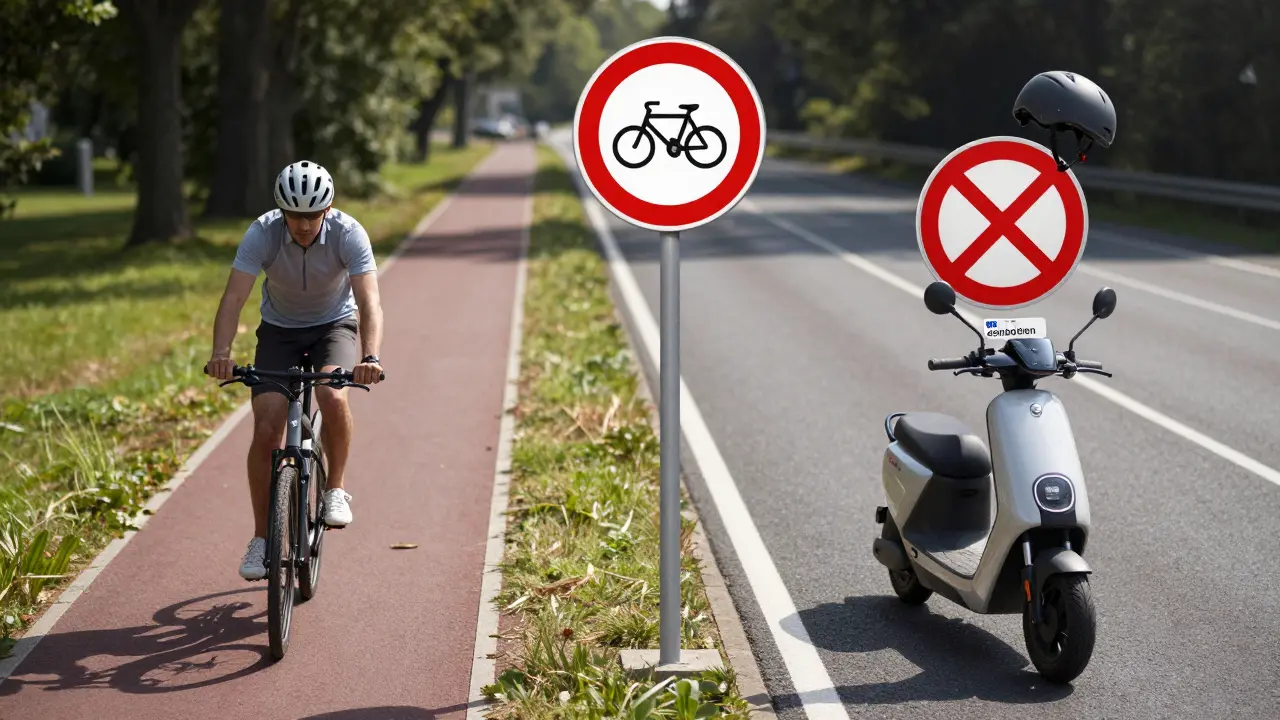 Aufteilung der Straße: Elektroroller auf der Straße, Fahrradweg mit Verbotsschild, symbolisiert gesetzliche Regelungen.