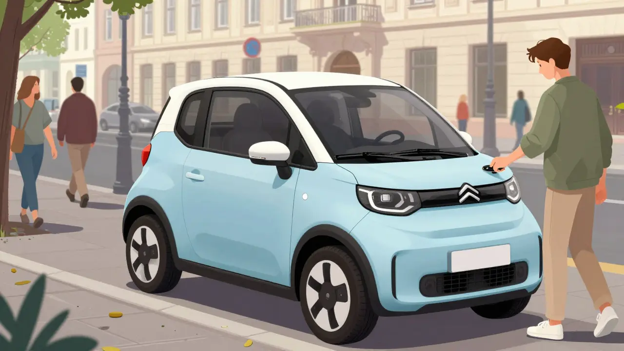 Citroën Ami steht an der Straße in Berlin, ein führerscheinfreies Elektrofahrzeug.