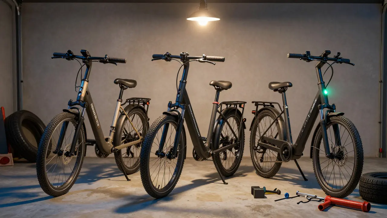 Drei E-Bikes verschiedener Preisklassen auf einem Garagenboden, beleuchtet von einer einzelnen Glühbirne.