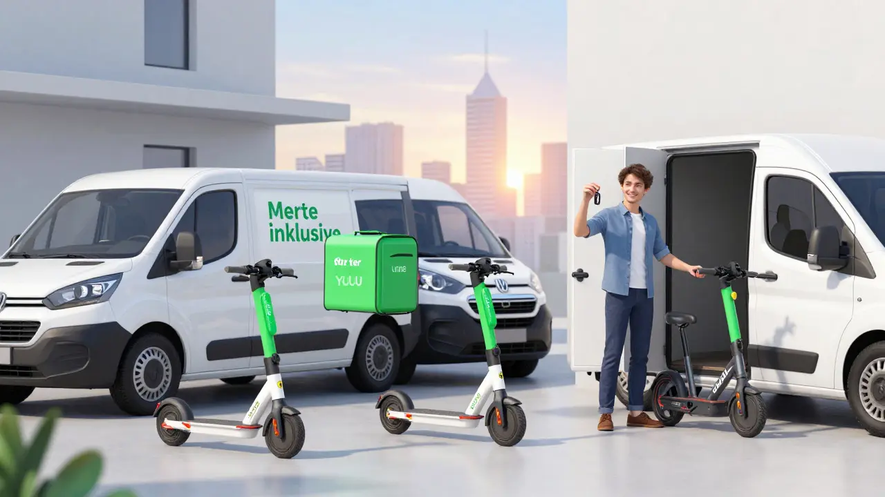 Drei E-Scooter-Mietdienste liefern Scooter vor ein Haus, Sonnenaufgang im Hintergrund.