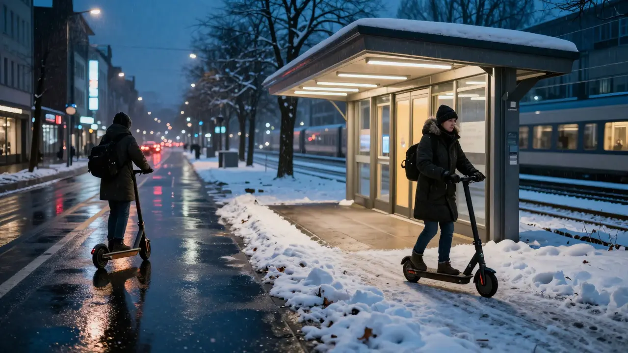 E-Scooter im Regen vs. im Schnee: zwei Szenen, ein Fahrzeug, unterschiedliche Jahreszeiten.