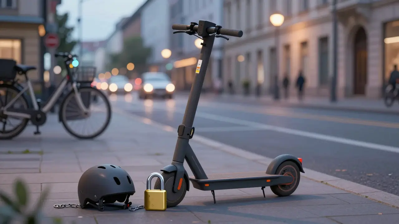 E-Scooter mit Helm und Sicherheitsschloss an einer Stadtstraße in Leipzig abgestellt.