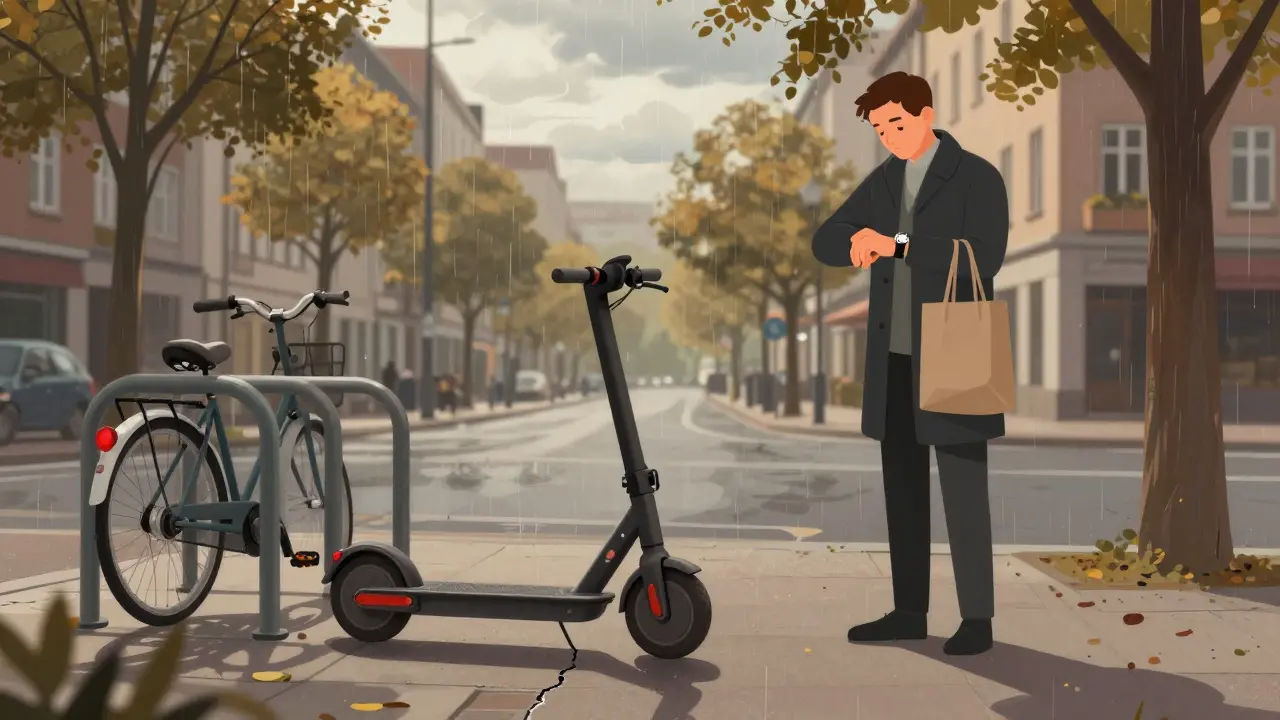 E-Scooter neben Fahrrädern geparkt, Regenwolken am Himmel, Einkaufstasche daneben.