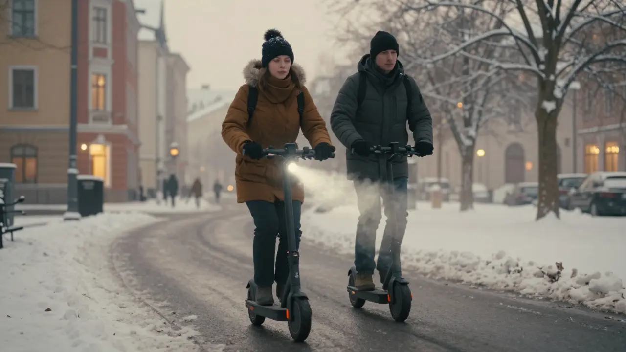 Ein Fahrer auf einem Elektroroller fährt bei Schnee und Dämmerung einen Radweg entlang.
