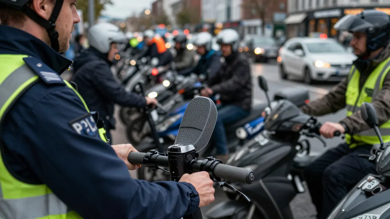 Ein Polizist hält einen unbehelmt gefahrenen Elektroroller während einer Verkehrskontrolle in Köln.