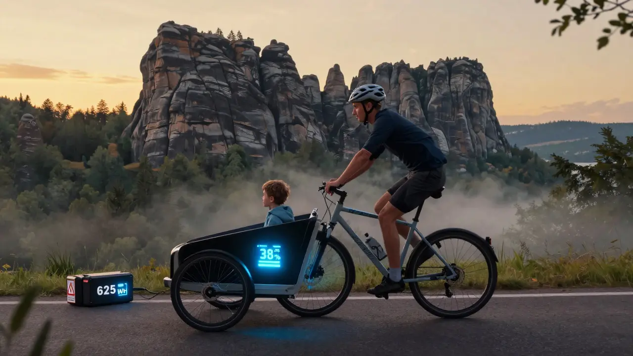 Ein Radfahrer mit Kind auf einem Cargo-Bike fährt bergauf durch die Sächsische Schweiz, der 750-Wh-Akku leuchtet blau am Rahmen.