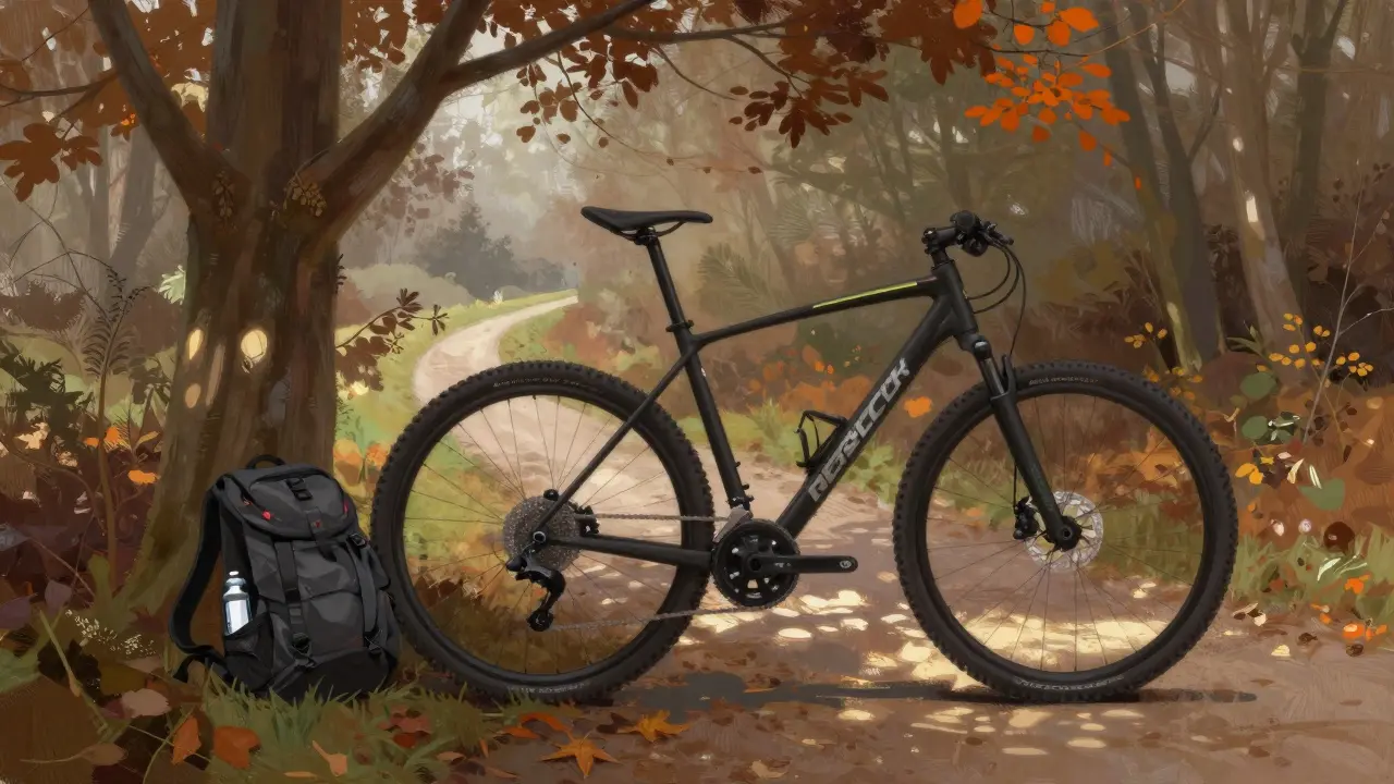 Ein Riese &amp; Müller E-Bike steht im Herbstwald, umgeben von buntem Laub und morgendlichem Licht.