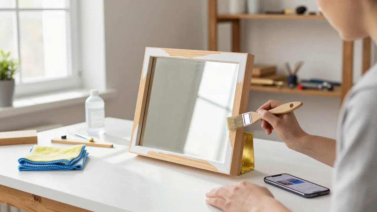 Eine Person restauriert einen alten Spiegel mit weißer Farbe und neuen Halterungen.