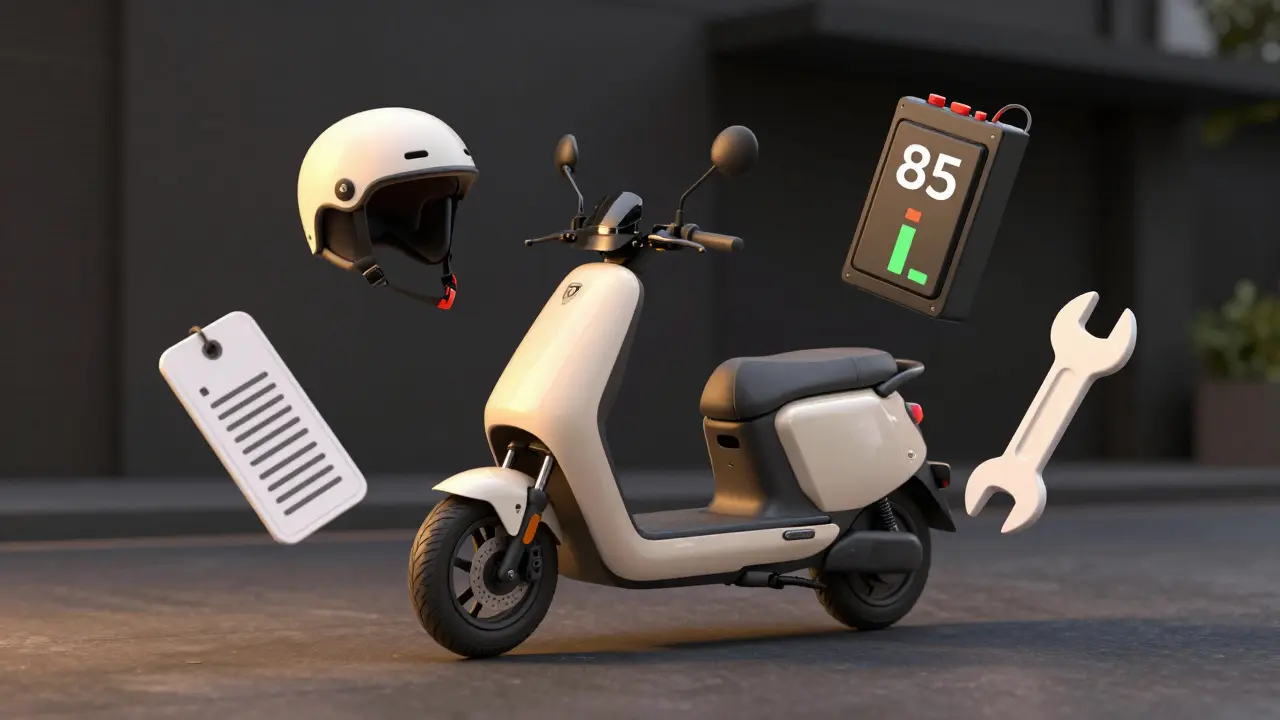 Elektroroller mit versteckten Kosten: Helm, Versicherungskennzeichen, Ersatzakku und Wartungswerkzeug.