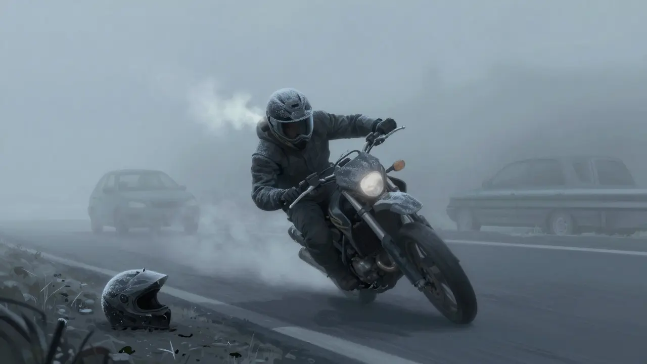 Fahrer in dichtem Nebel mit nur schemenhafter Sicht auf ein vorausfahrendes Auto.