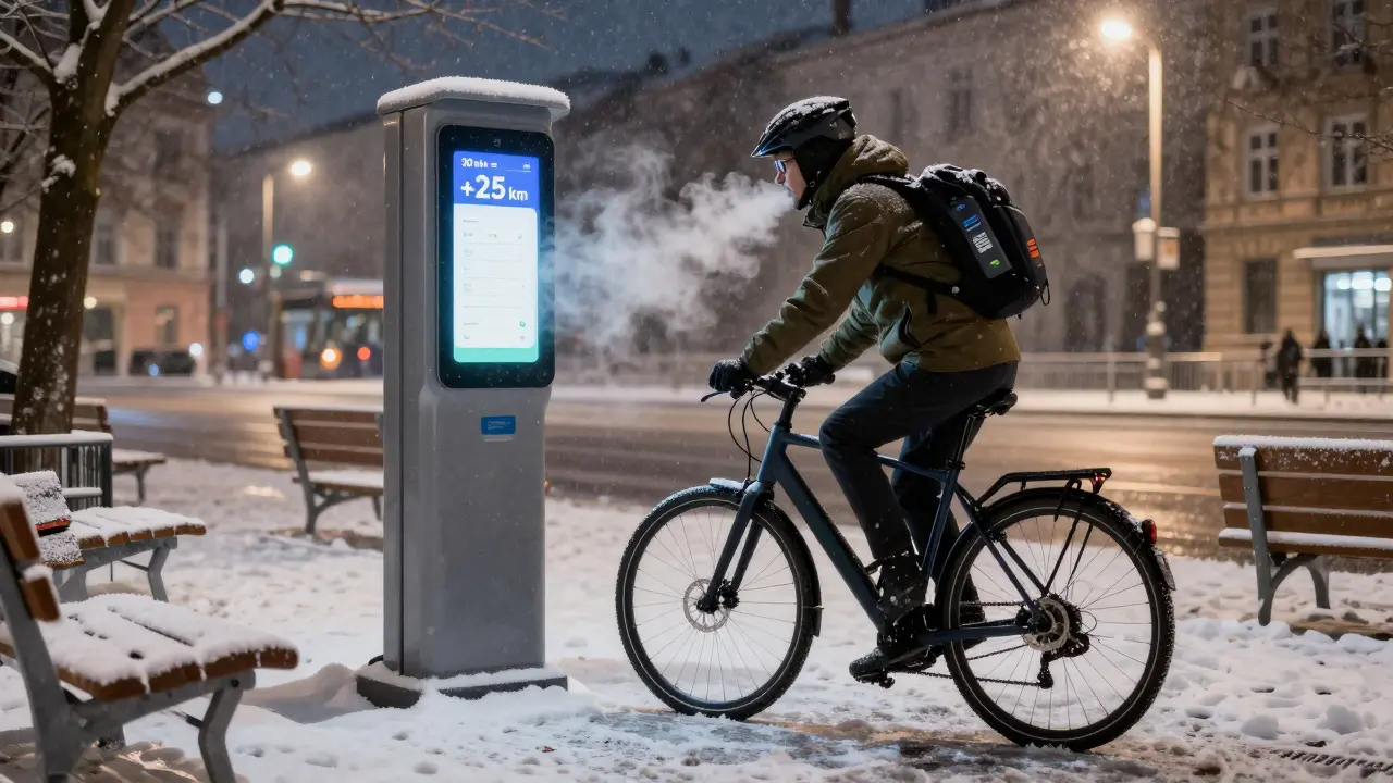 Fahrer lädt sein E-Bike im Winter an einer öffentlichen Ladestation in Leipzig, zweiter Akku im Rucksack.