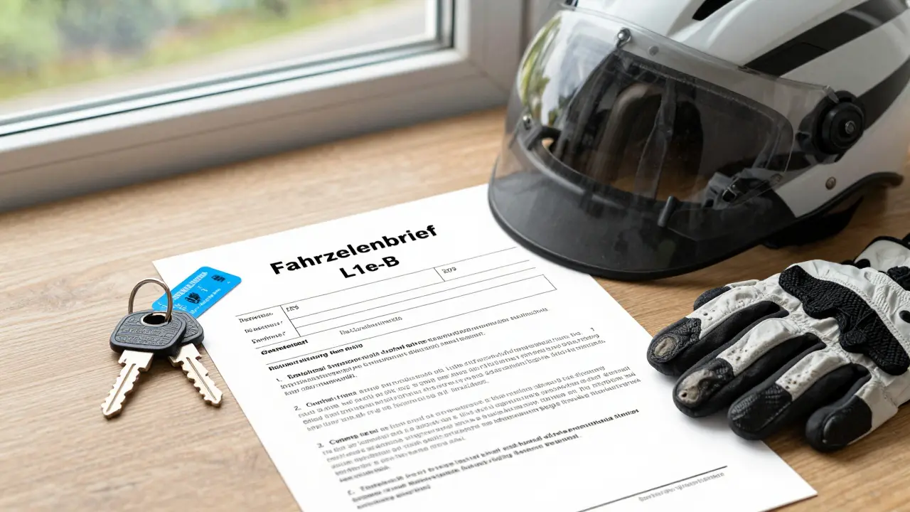 Fahrzeugbrief mit L1e-B-Klassifizierung, Versicherungsplakette, Helm und Schlüssel auf einem Tisch.