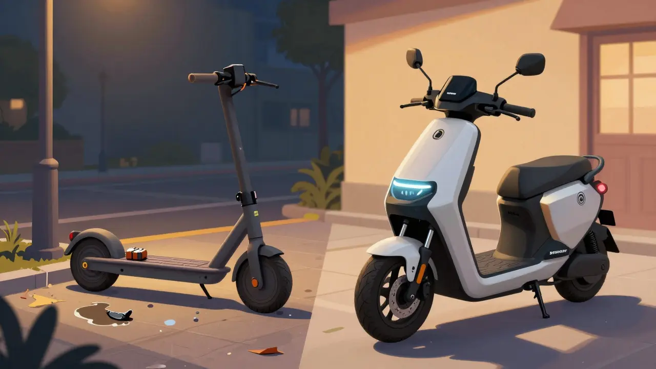 Gebrochener Billig-Roller links, robuster Segway-Roller rechts – Kontrast von Risiko und Zuverlässigkeit.