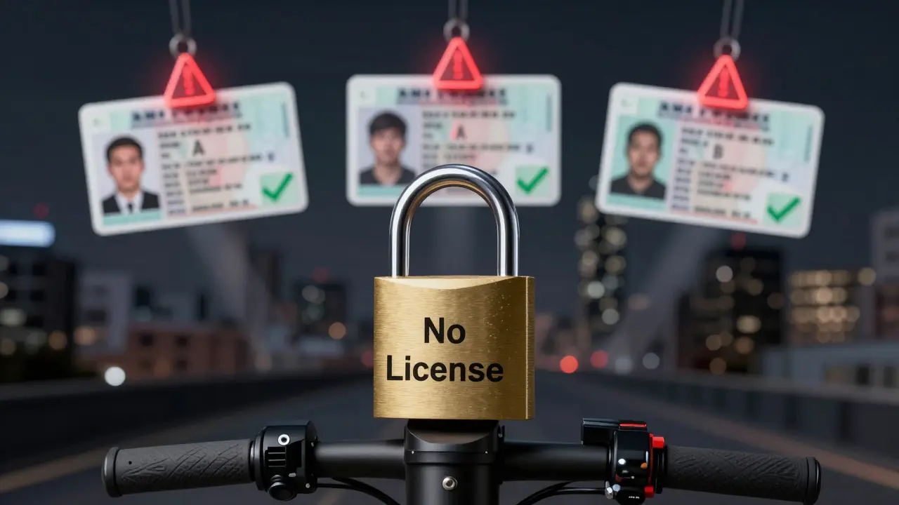 Gesperrter Elektroroller mit Schlüsseln verschiedener Führerscheine in symbolischer Szene.