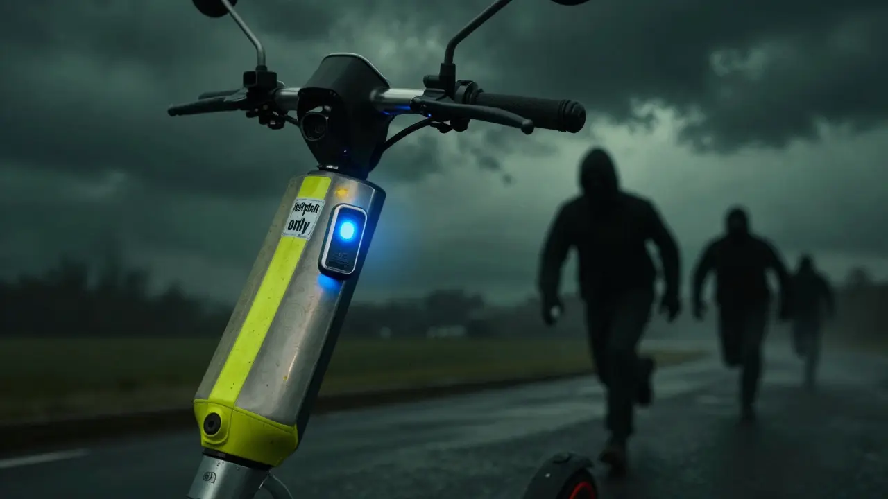 Gesperrter Roller mit leuchtendem GPS-Tracker, Diebe im Schatten, stürmisches Wetter.