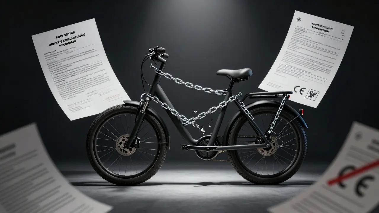 Gesperrtes 750-Watt-E-Bike mit rechtlichen Hindernissen wie Strafzettel und Führerscheinanforderung.
