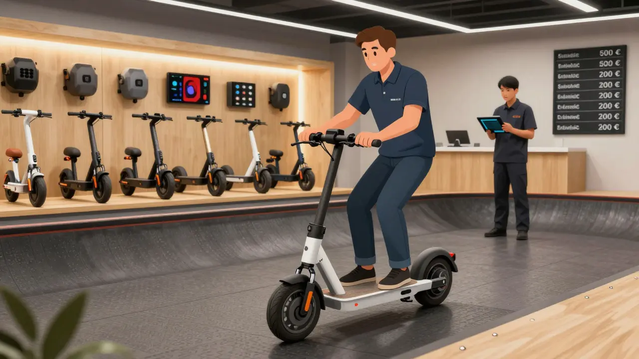 Kunde testet einen Elektroroller in einem spezialisierten Geschäft in Deutschland, Techniker prüft den Akku.