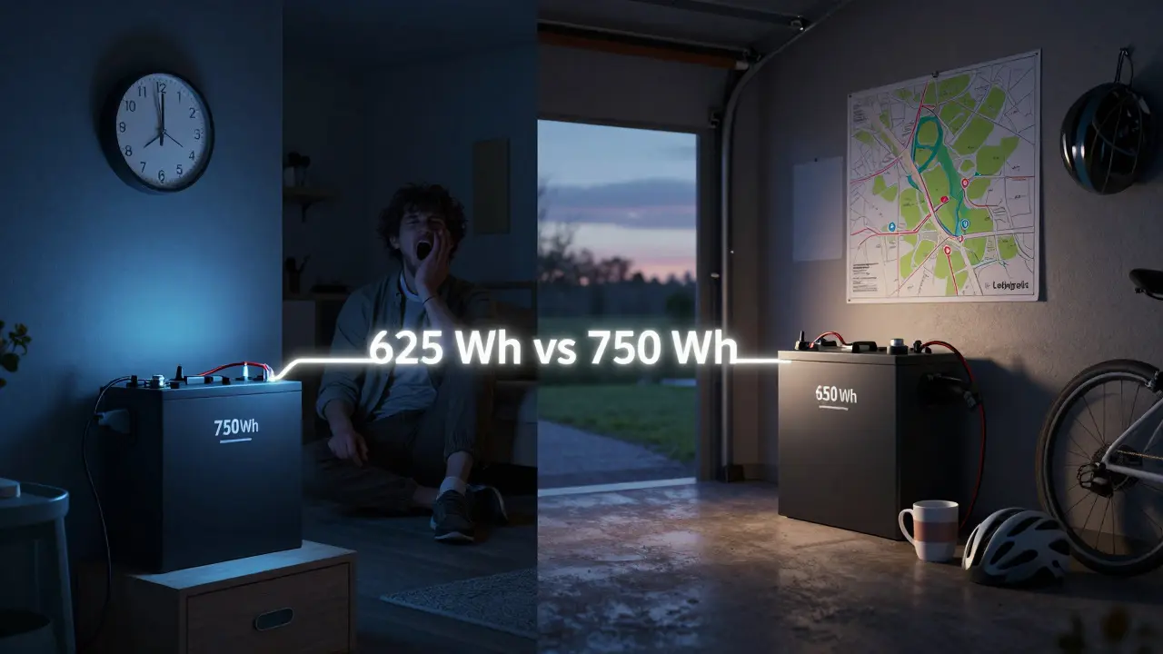 Linker Teil: Akkuladung in einer Wohnung nachts. Rechter Teil: Akkuladung in einer Garage mit Fernreisekarte – Vergleich der Akkugrößen.