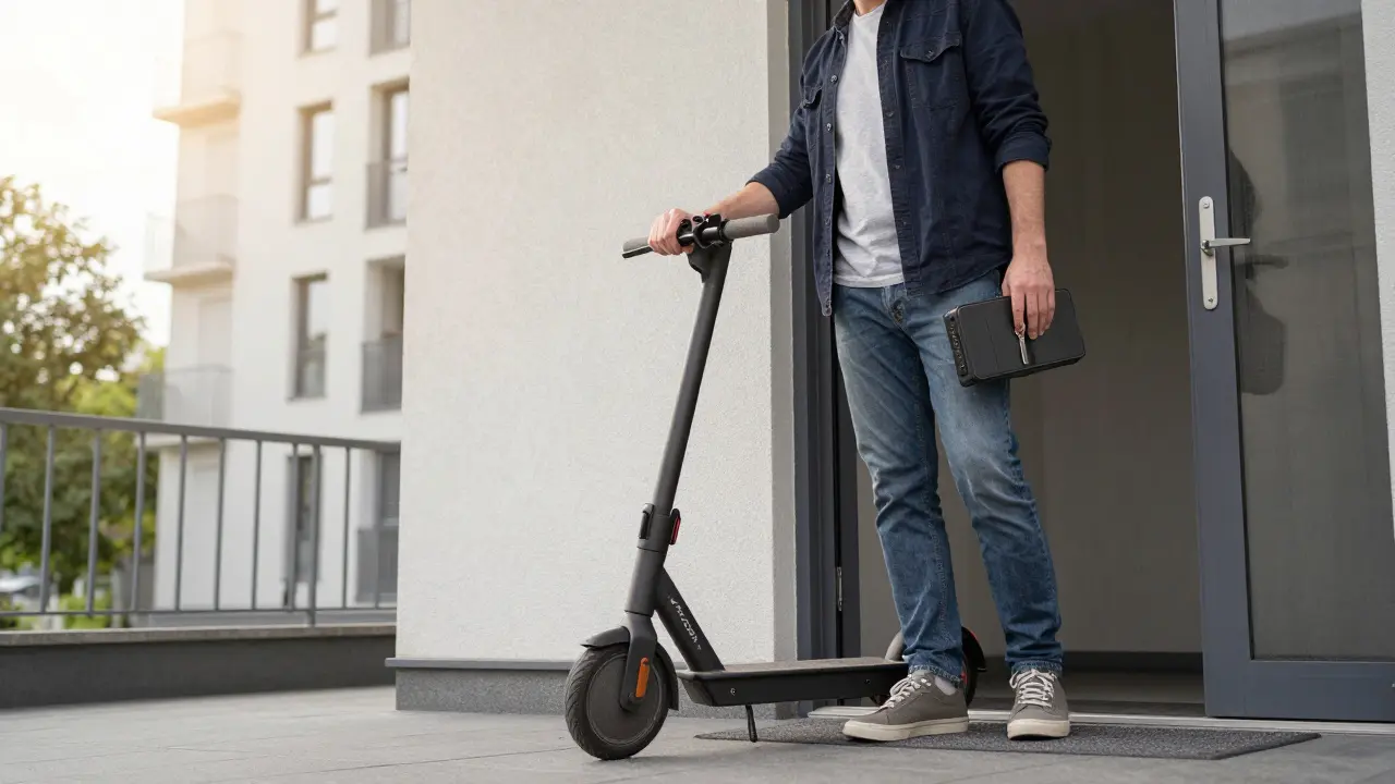 Mensch hält Ersatzakku und Wohnungsschlüssel, leichter Elektroroller lehnt an Hauswand.