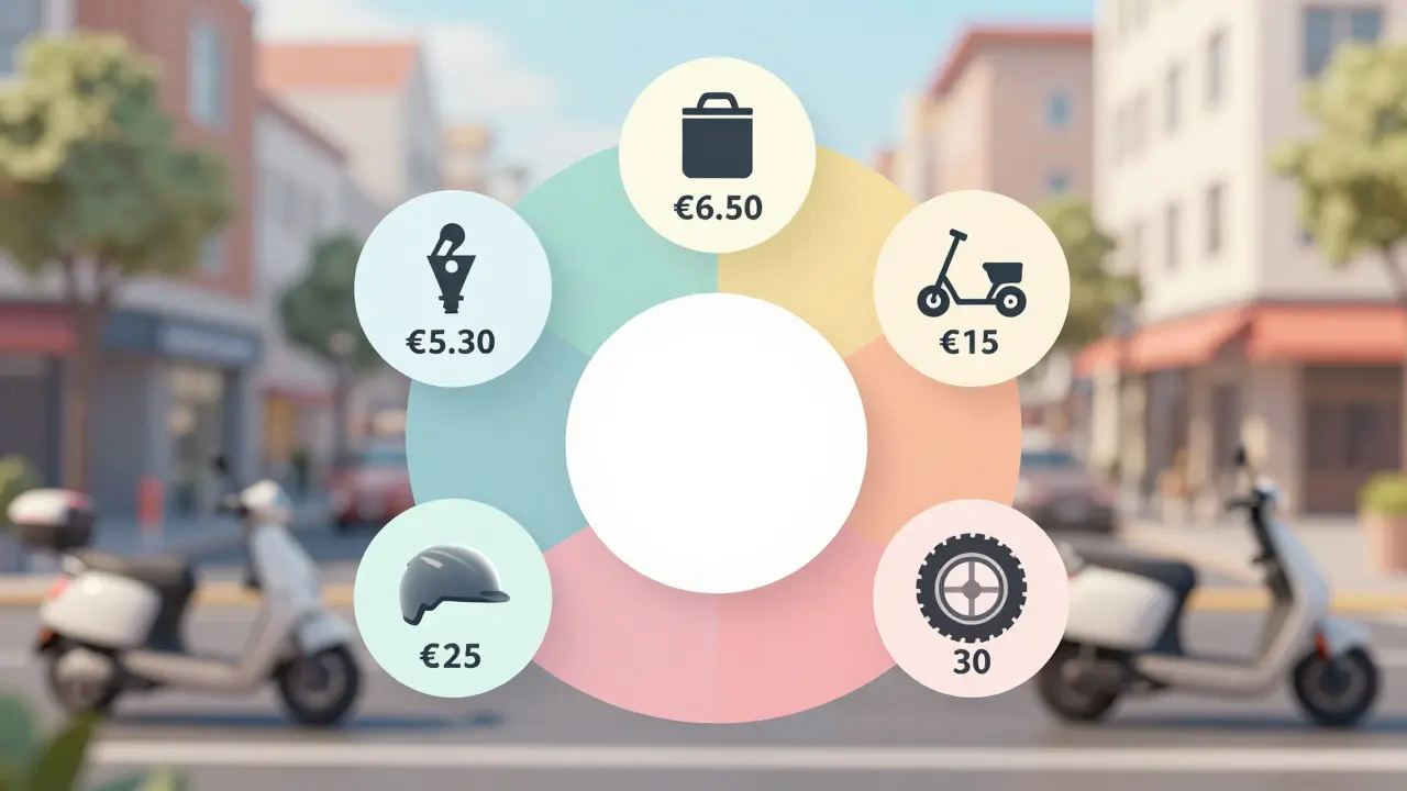 Monatliche Kosten eines Elektrorollers als farbige Symbole in einem Kreisdiagramm.