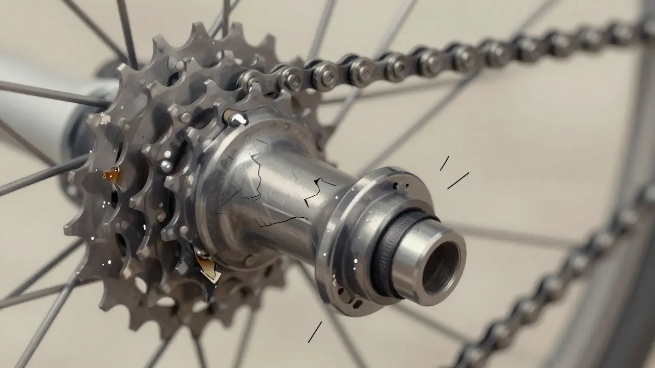 Nahaufnahme einer E-Bike-Kette und Nabenschaltung mit sanfter Belastung, im Hintergrund beschädigtes Ritzel als Warnsymbol.