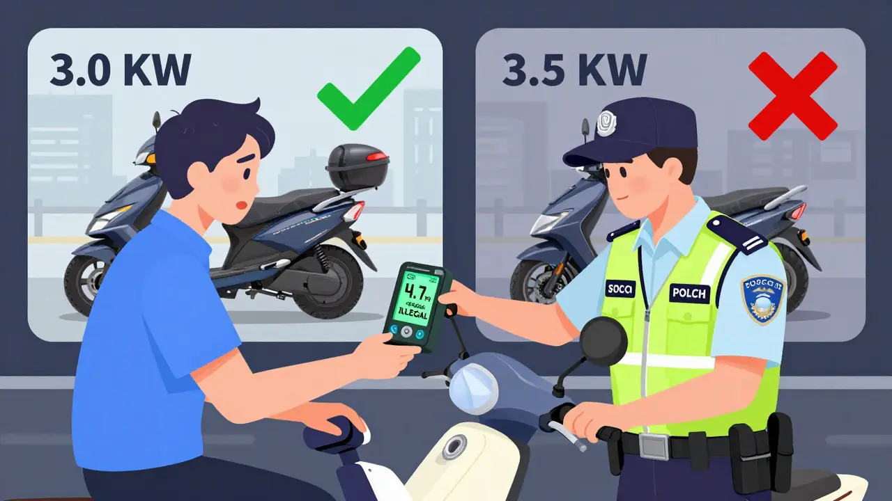 Polizei scannt Elektroroller mit illegalem Leistungswert von 4,7 PS, digitale Anzeige zeigt Verstoß.