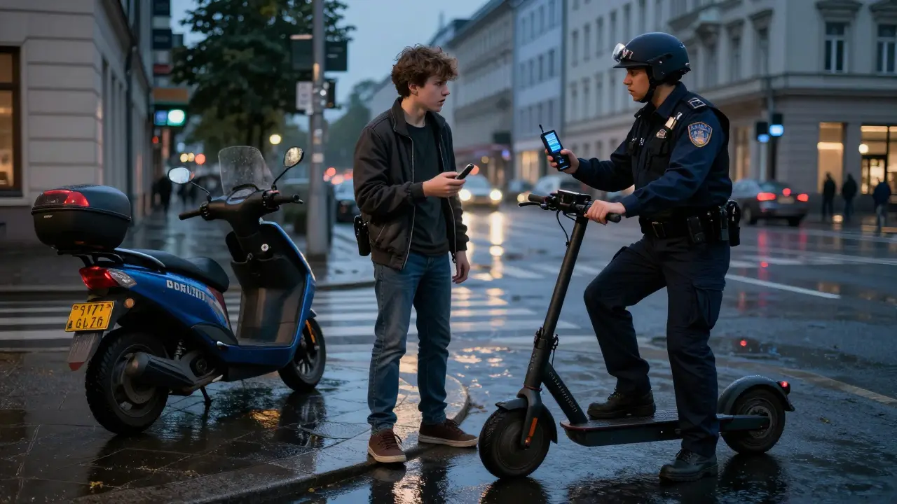Polizist hält einen Jugendlichen mit nicht zugelassenem E-Roller an, hinter ihm ein legaler Roller.
