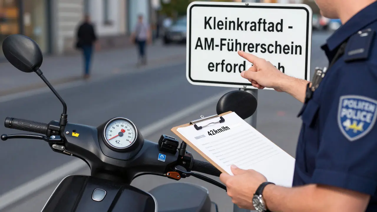 Polizist zeigt auf E-Roller mit 42 km/h und Hinweis auf AM-Führerschein