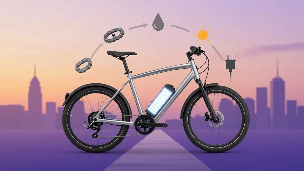 Symbolische Darstellung eines E-Bikes mit Lebenszyklus-Elementen wie Kette, Bremse und Akku über fünf Jahre.