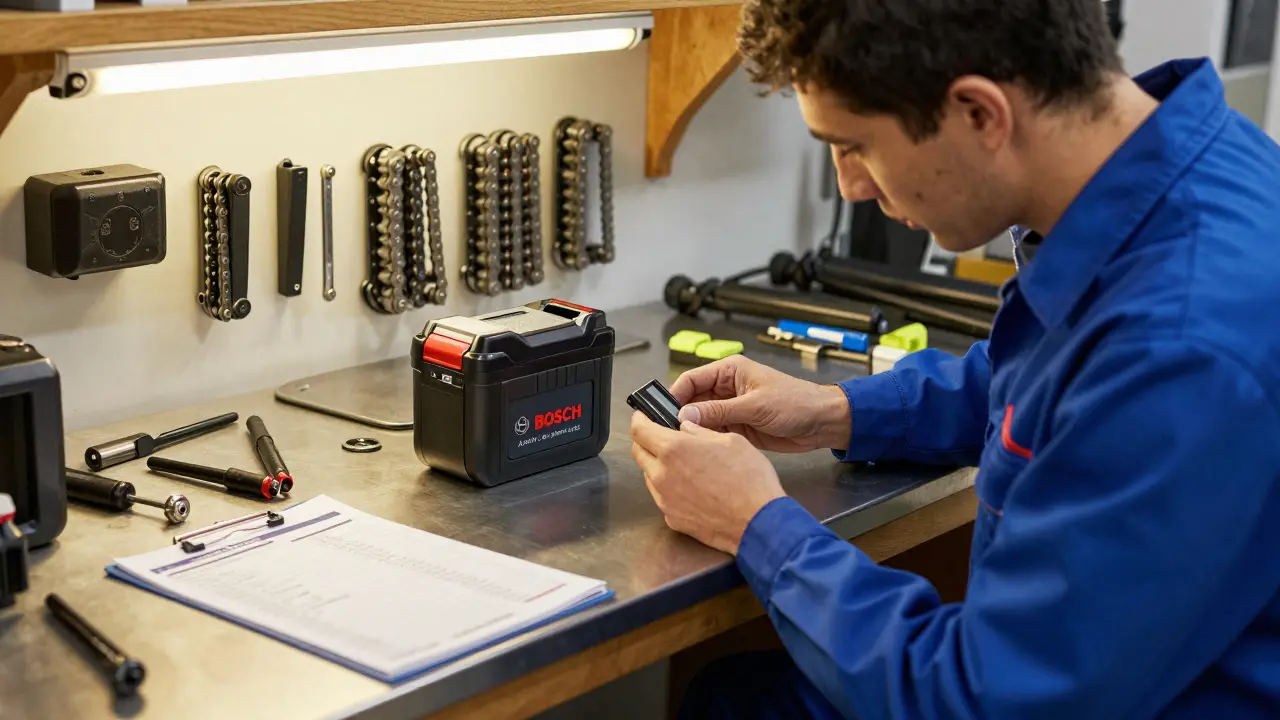 Techniker prüft Bosch-Motor und herausnehmbaren Akku eines E-Bikes in einer Fahrradwerkstatt.