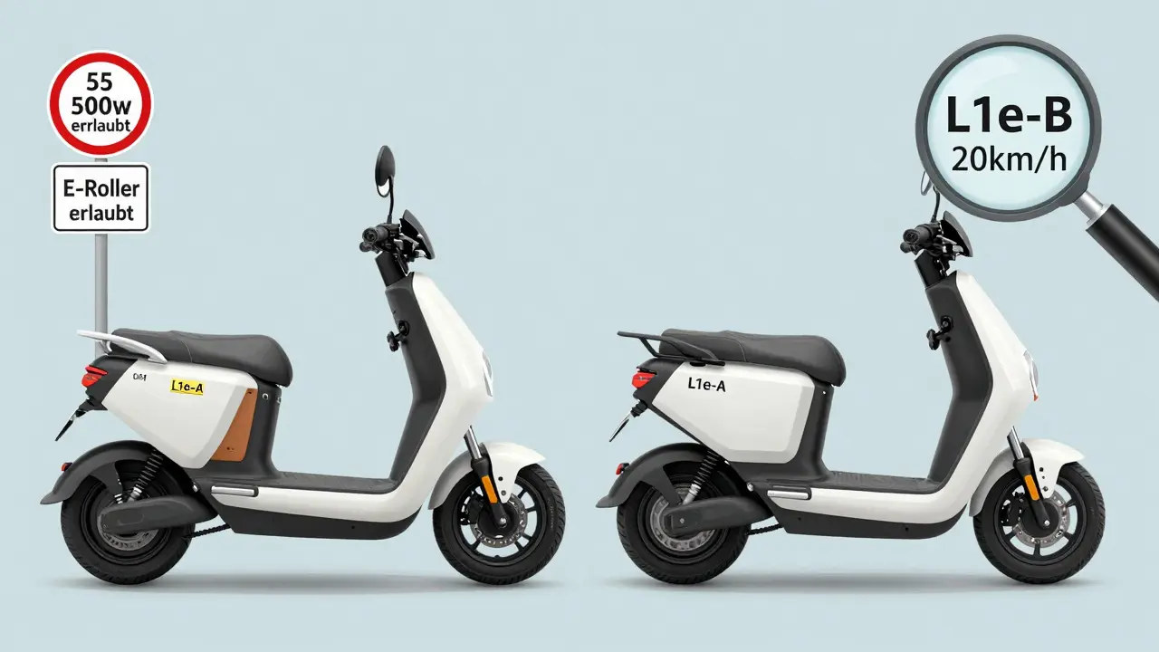 Technische Darstellung eines L1e-A und L1e-B E-Rollers mit Leistungsangaben und Zulassungsmerkmalen.