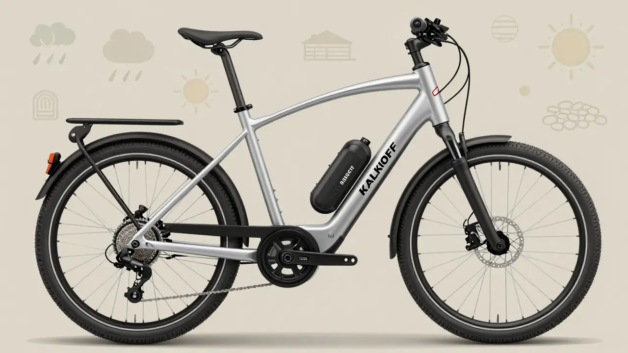 Technische Zeichnung eines Kalkhoff E-Bike-Rahmens mit integriertem Bosch-Motor und abnehmbarer Batterie.