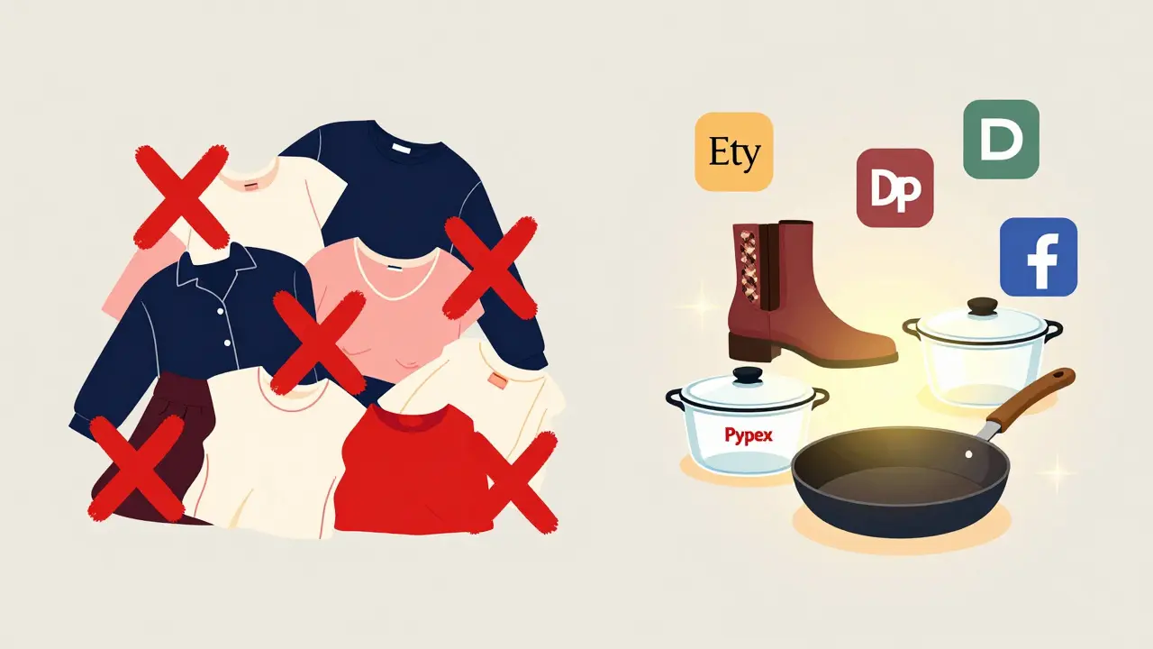 Vergleich: Billige Fast-Fashion-Kleidung vs. wertvolle Vintage-Gegenstände.