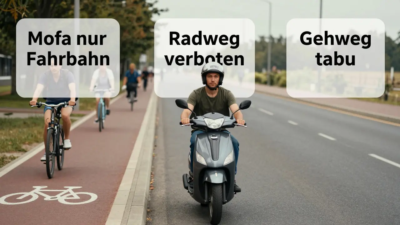 Vergleich dreier Verkehrsbereiche: Straße (erlaubt), Radweg (verboten), Gehweg (tabu).