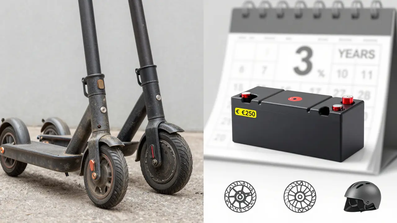 Vergleich einer alten und neuen E-Scooter-Batterie mit Wartungskomponenten und Zeitachse.