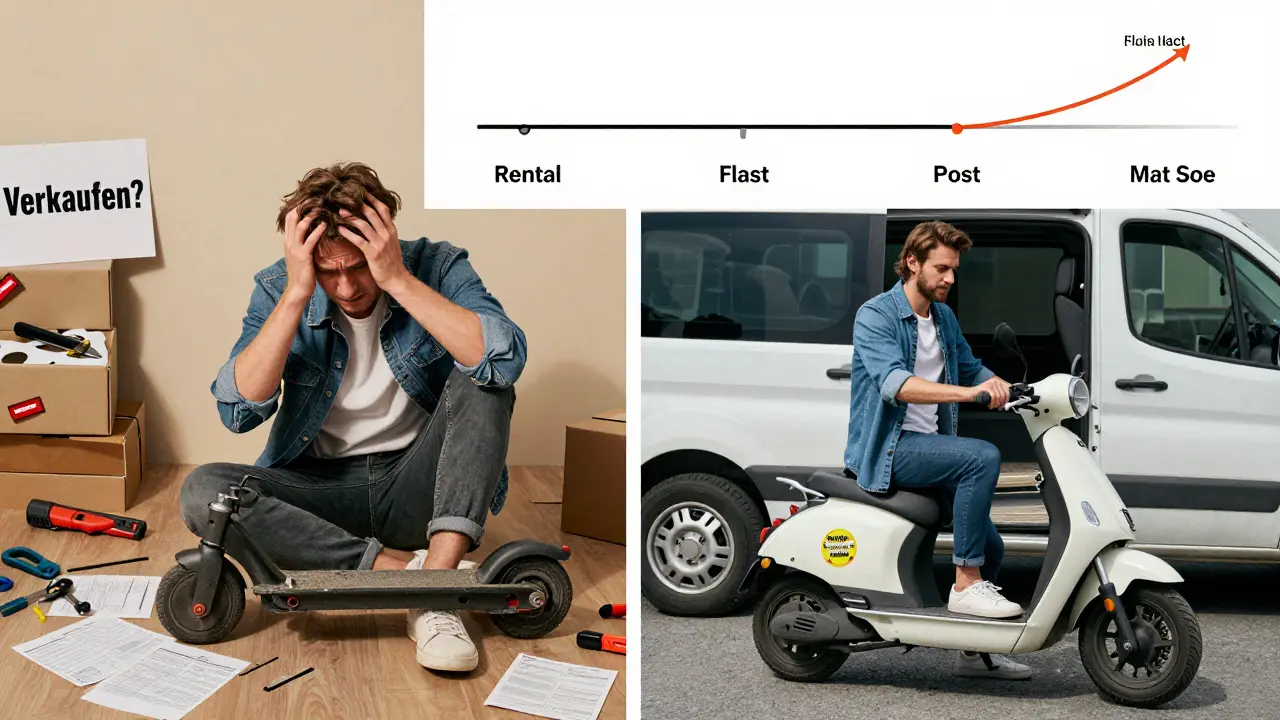 Vergleich: gestresster Besitzer eines kaputten gekauften Scooters vs. zufriedener Mieter mit Rückgabe.